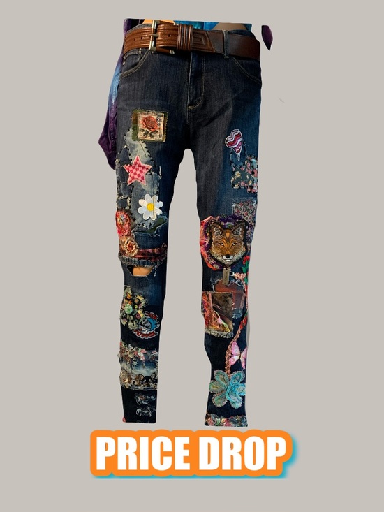 Upcycled Denim - Upcycled Patchwork and Patched Embellished Dark Blue Cigarette Cut Denim Jeans